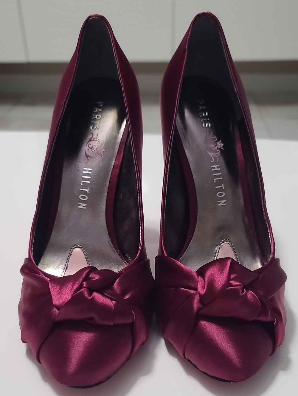 Paris Hilton Satin Knot Peep-Toe Pumps - Wine
